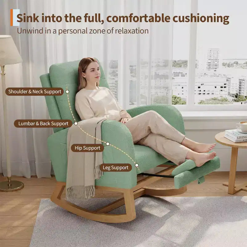 Upholstered Nursery Rocking Chair, Comfortable Cushioned Rocking Chair, with High Back & Side Pocket for Living Room Bedroom, Easy to Clean
