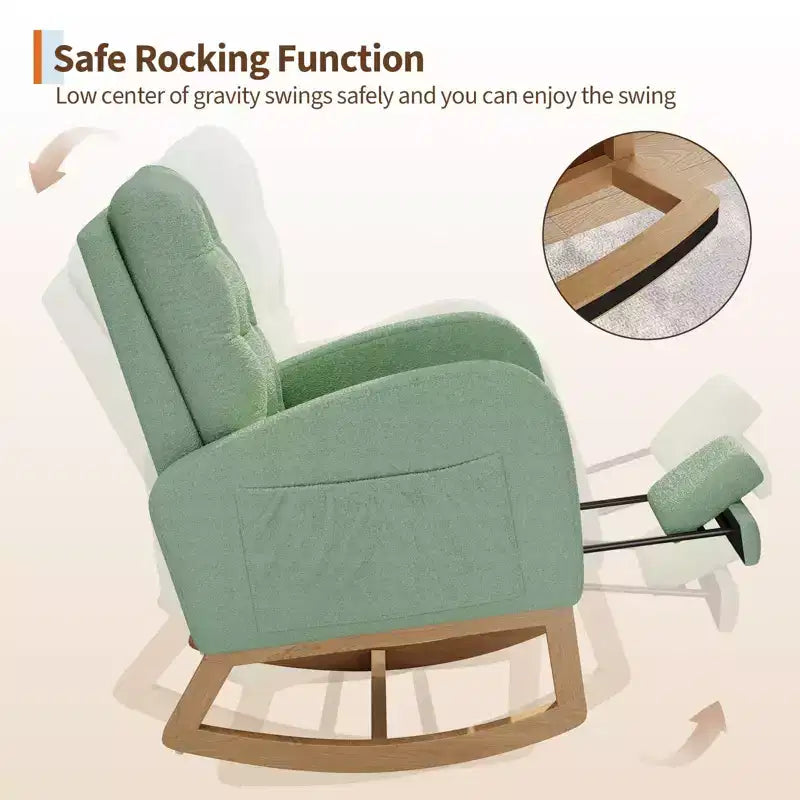 Upholstered Nursery Rocking Chair, Comfortable Cushioned Rocking Chair, with High Back & Side Pocket for Living Room Bedroom, Easy to Clean