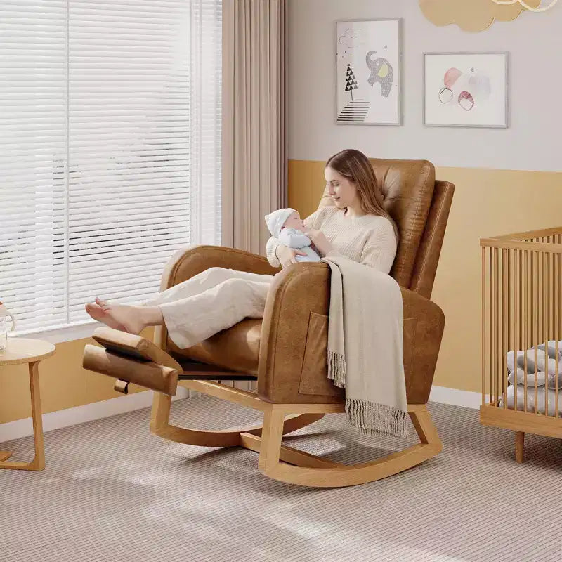 Upholstered Nursery Rocking Chair, Comfortable Cushioned Rocking Chair, with High Back & Side Pocket for Living Room Bedroom, Easy to Clean