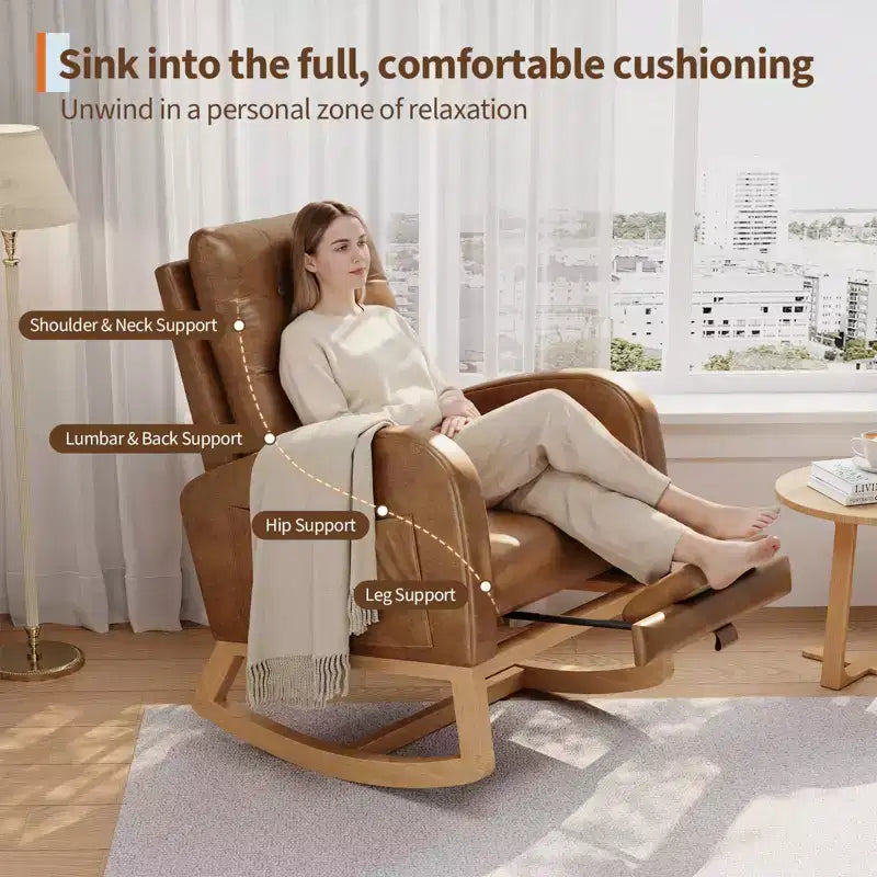 Upholstered Nursery Rocking Chair, Comfortable Cushioned Rocking Chair, with High Back & Side Pocket for Living Room Bedroom, Easy to Clean