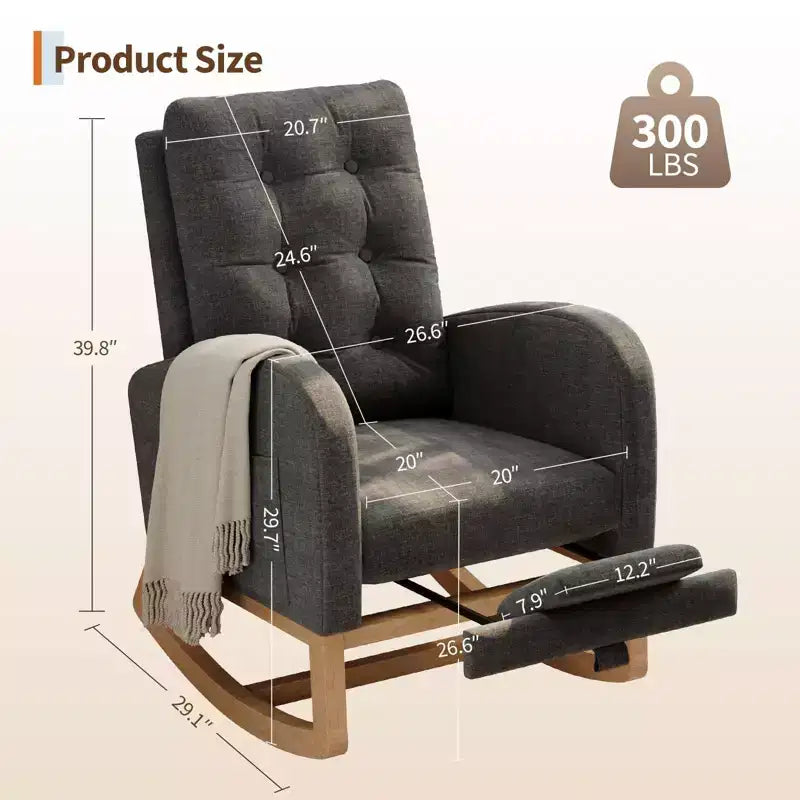 Upholstered Nursery Rocking Chair, Comfortable Cushioned Rocking Chair, with High Back & Side Pocket for Living Room Bedroom, Easy to Clean