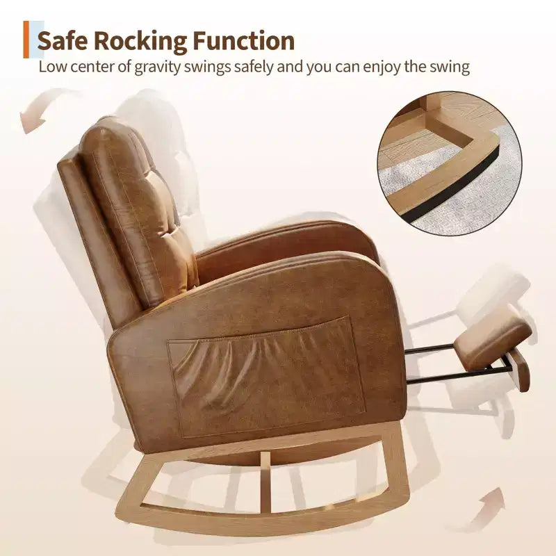 Upholstered Nursery Rocking Chair, Comfortable Cushioned Rocking Chair, with High Back & Side Pocket for Living Room Bedroom, Easy to Clean