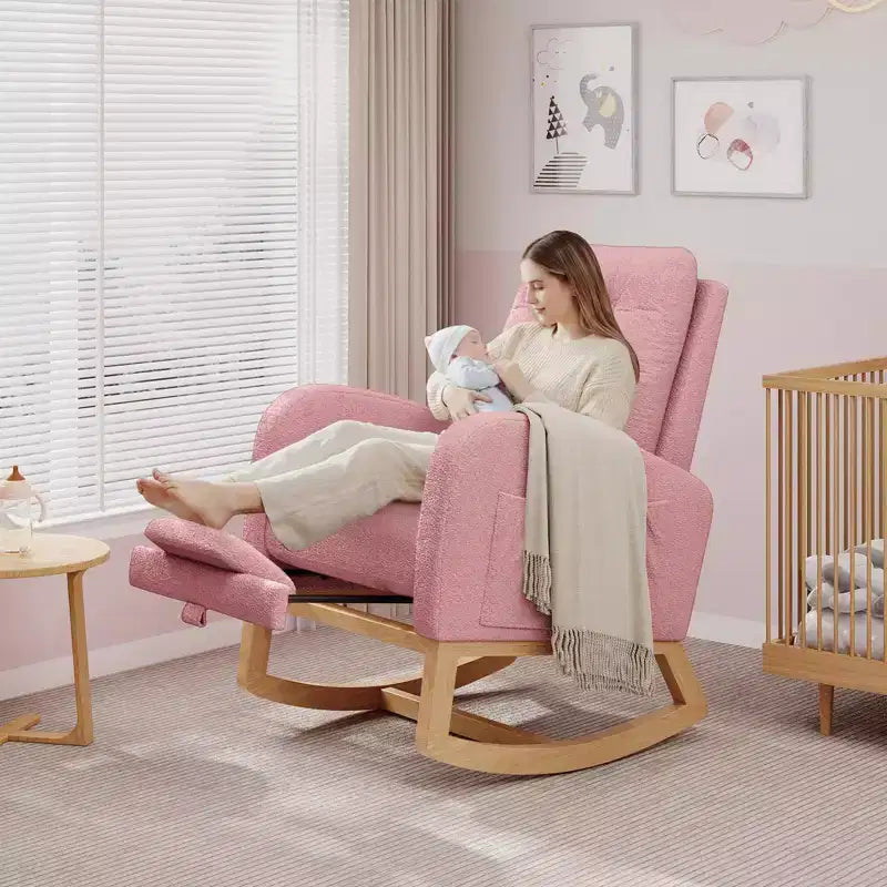 Upholstered Nursery Rocking Chair, Comfortable Cushioned Rocking Chair, with High Back & Side Pocket for Living Room Bedroom, Easy to Clean