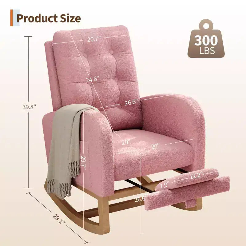 Upholstered Nursery Rocking Chair, Comfortable Cushioned Rocking Chair, with High Back & Side Pocket for Living Room Bedroom, Easy to Clean