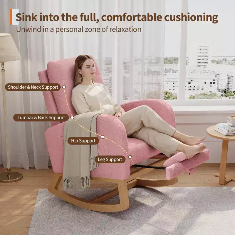 Upholstered Nursery Rocking Chair, Comfortable Cushioned Rocking Chair, with High Back & Side Pocket for Living Room Bedroom, Easy to Clean