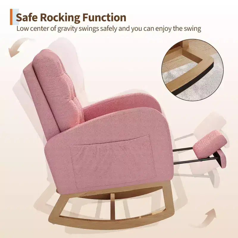 Upholstered Nursery Rocking Chair, Comfortable Cushioned Rocking Chair, with High Back & Side Pocket for Living Room Bedroom, Easy to Clean