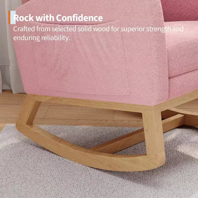 Upholstered Nursery Rocking Chair, Comfortable Cushioned Rocking Chair, with High Back & Side Pocket for Living Room Bedroom, Easy to Clean