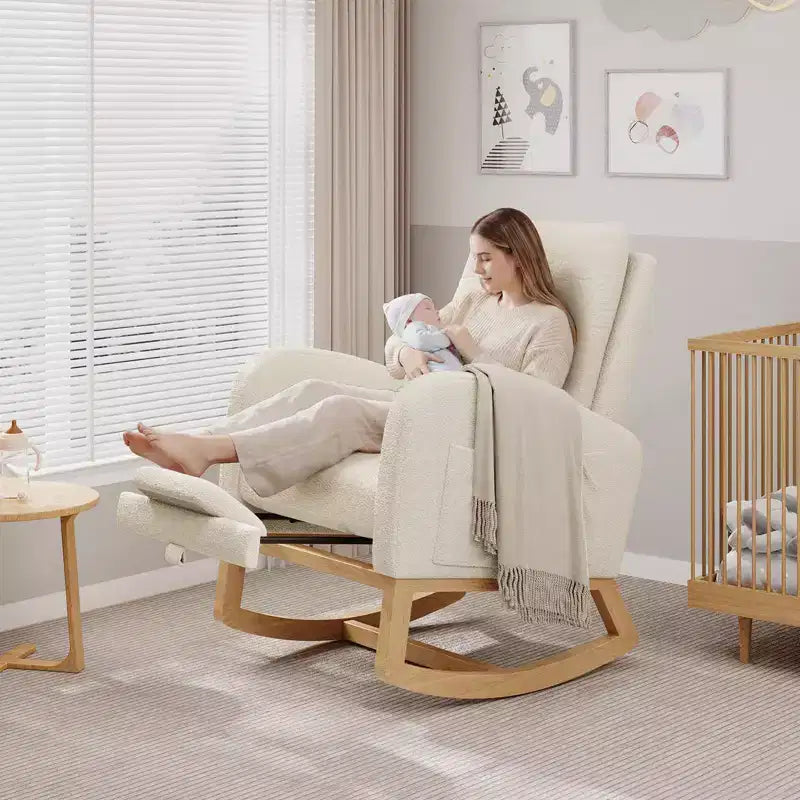 Upholstered Nursery Rocking Chair, Comfortable Cushioned Rocking Chair, with High Back & Side Pocket for Living Room Bedroom, Easy to Clean