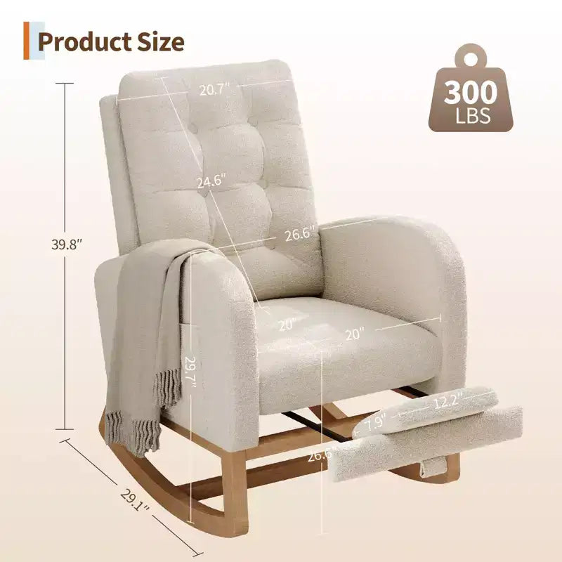 Upholstered Nursery Rocking Chair, Comfortable Cushioned Rocking Chair, with High Back & Side Pocket for Living Room Bedroom, Easy to Clean
