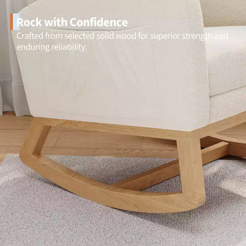 Upholstered Nursery Rocking Chair, Comfortable Cushioned Rocking Chair, with High Back & Side Pocket for Living Room Bedroom, Easy to Clean