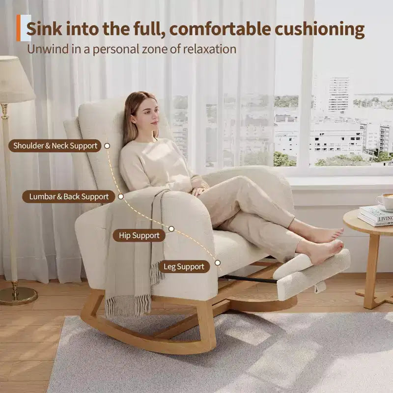 Upholstered Nursery Rocking Chair, Comfortable Cushioned Rocking Chair, with High Back & Side Pocket for Living Room Bedroom, Easy to Clean