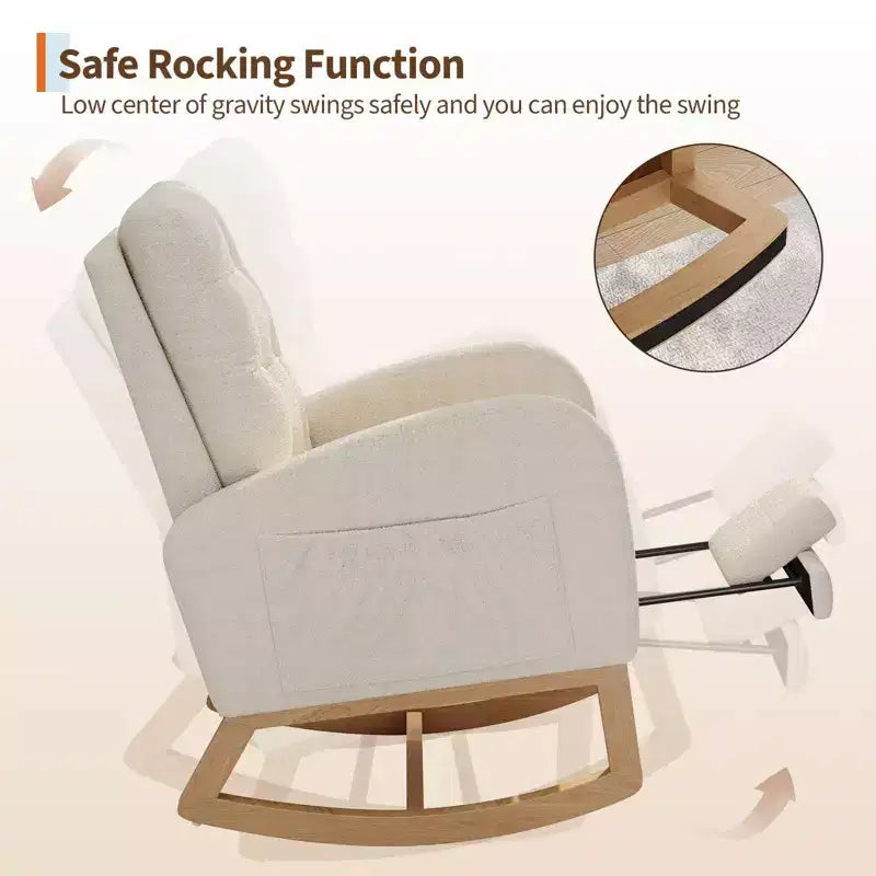 Upholstered Nursery Rocking Chair, Comfortable Cushioned Rocking Chair, with High Back & Side Pocket for Living Room Bedroom, Easy to Clean