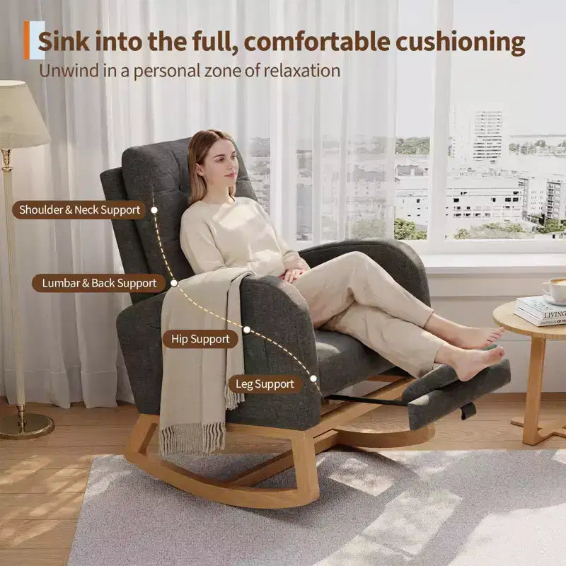 Upholstered Nursery Rocking Chair, Comfortable Cushioned Rocking Chair, with High Back & Side Pocket for Living Room Bedroom, Easy to Clean