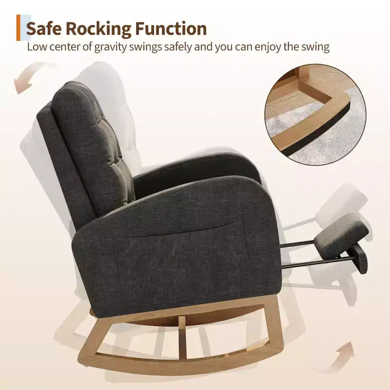 Upholstered Nursery Rocking Chair, Comfortable Cushioned Rocking Chair, with High Back & Side Pocket for Living Room Bedroom, Easy to Clean