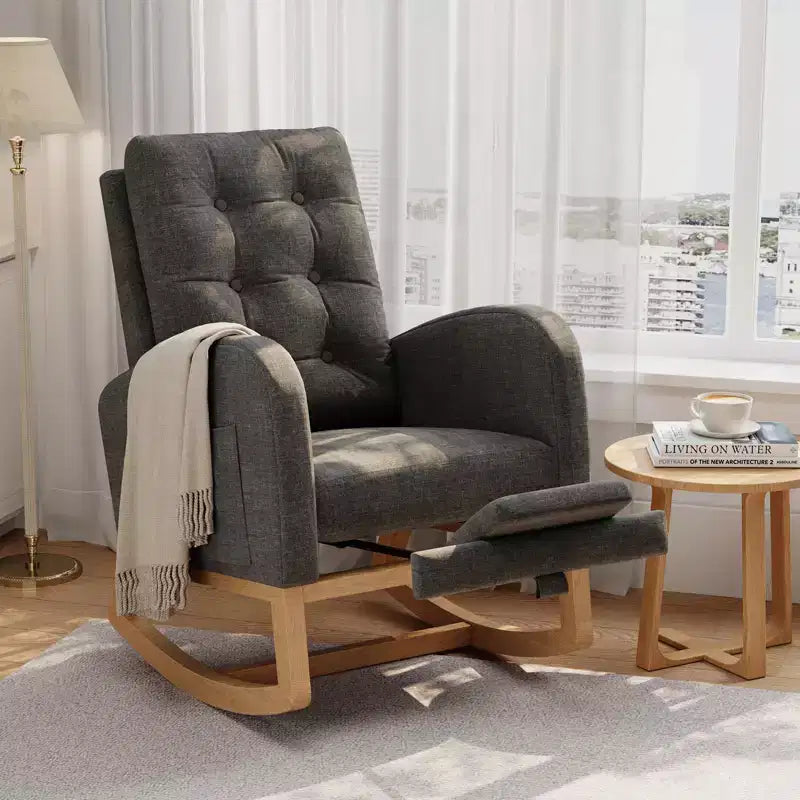 Upholstered Nursery Rocking Chair, Comfortable Cushioned Rocking Chair, with High Back & Side Pocket for Living Room Bedroom, Easy to Clean