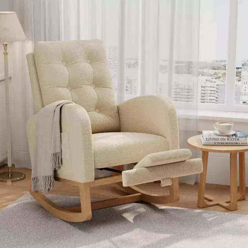 Upholstered Nursery Rocking Chair, Comfortable Cushioned Rocking Chair, with High Back & Side Pocket for Living Room Bedroom, Easy to Clean