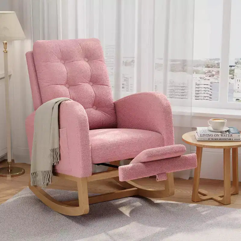 Upholstered Nursery Rocking Chair, Comfortable Cushioned Rocking Chair, with High Back & Side Pocket for Living Room Bedroom, Easy to Clean