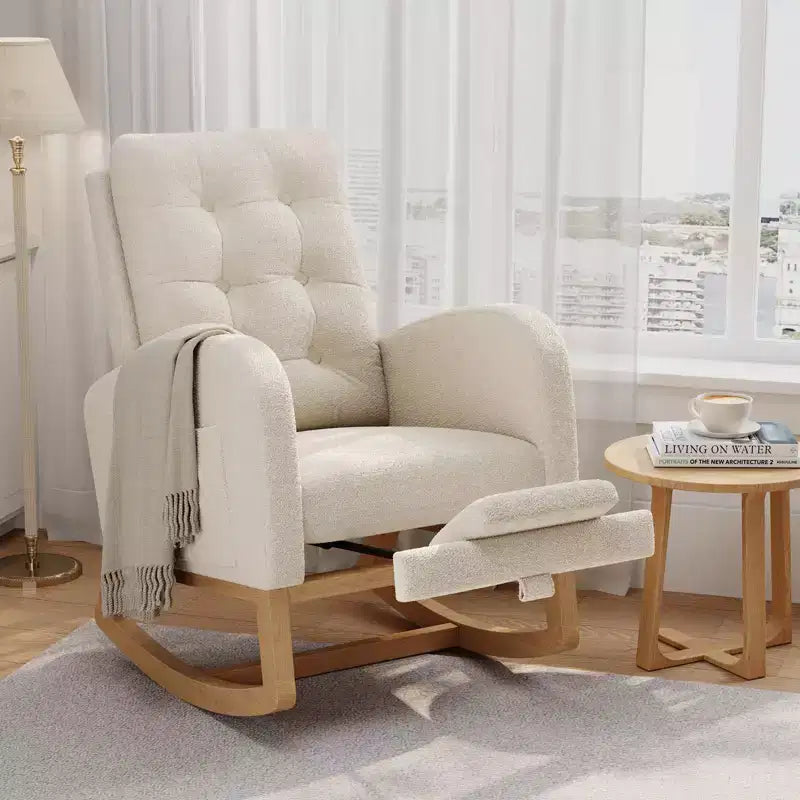 Upholstered Nursery Rocking Chair, Comfortable Cushioned Rocking Chair, with High Back & Side Pocket for Living Room Bedroom, Easy to Clean