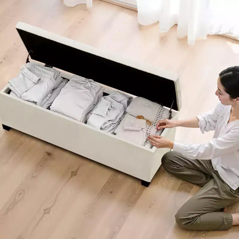 VEVOR Storage Ottoman Bench, Button-Tufted End of Bed Bench with Side Bags, Flip-up Upholstered Storage Chest with Metal Frame,Linen Bed Ottoman,Beige