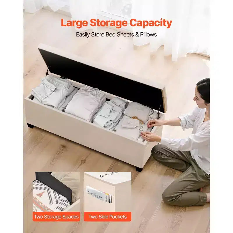 VEVOR Storage Ottoman Bench, Button-Tufted End of Bed Bench with Side Bags, Flip-up Upholstered Storage Chest with Metal Frame,Linen Bed Ottoman,Beige
