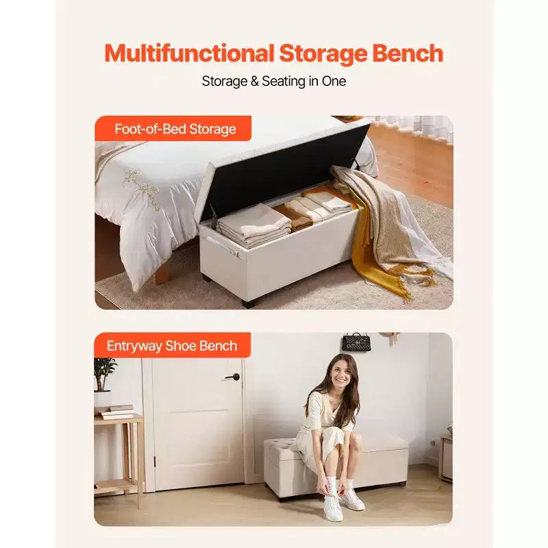 VEVOR Storage Ottoman Bench, Button-Tufted End of Bed Bench with Side Bags, Flip-up Upholstered Storage Chest with Metal Frame,Linen Bed Ottoman,Beige