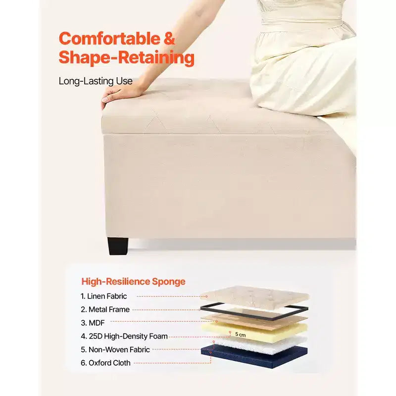VEVOR Storage Ottoman Bench, Button-Tufted End of Bed Bench with Side Bags, Flip-up Upholstered Storage Chest with Metal Frame,Linen Bed Ottoman,Beige