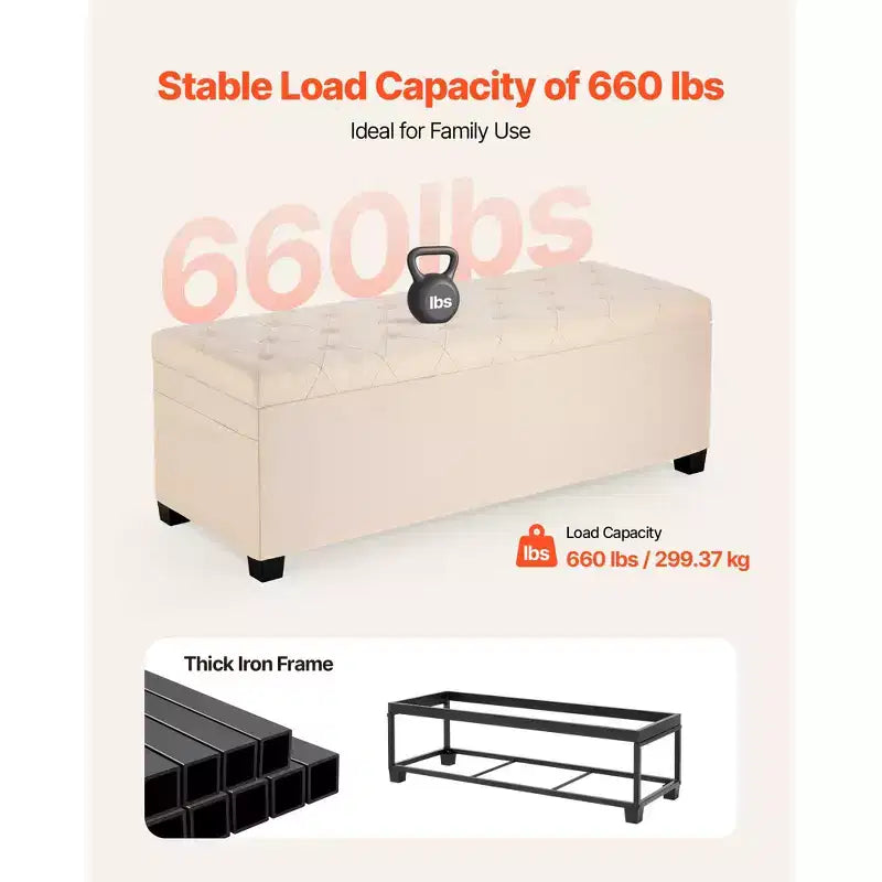 VEVOR Storage Ottoman Bench, Button-Tufted End of Bed Bench with Side Bags, Flip-up Upholstered Storage Chest with Metal Frame,Linen Bed Ottoman,Beige