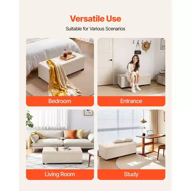 VEVOR Storage Ottoman Bench, Button-Tufted End of Bed Bench with Side Bags, Flip-up Upholstered Storage Chest with Metal Frame,Linen Bed Ottoman,Beige