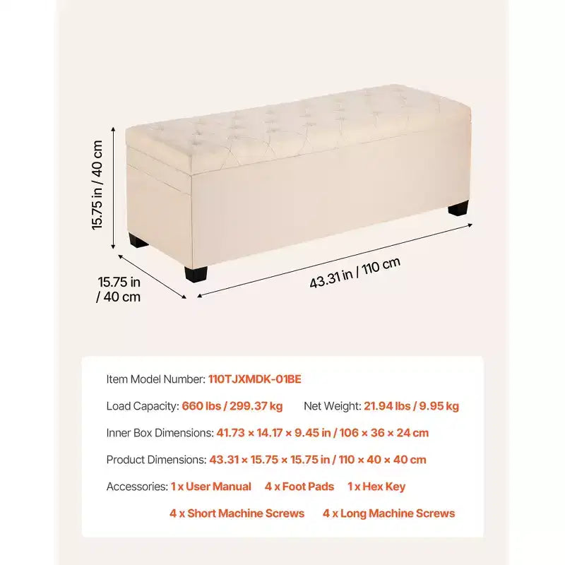 VEVOR Storage Ottoman Bench, Button-Tufted End of Bed Bench with Side Bags, Flip-up Upholstered Storage Chest with Metal Frame,Linen Bed Ottoman,Beige