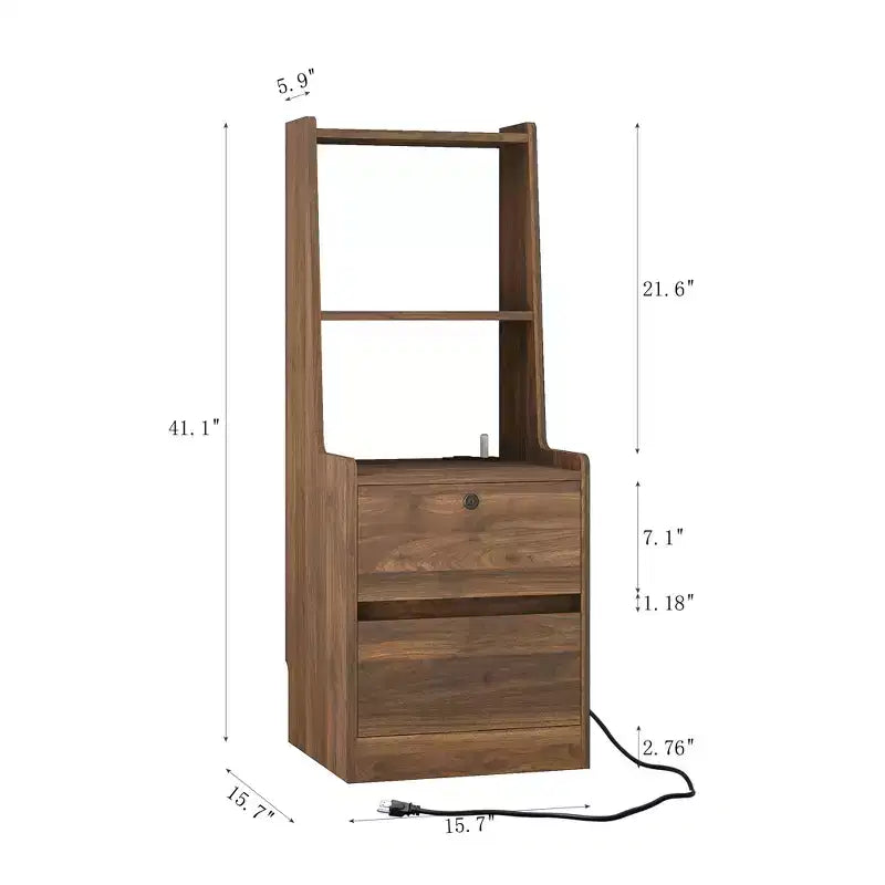 Modern Nightstand with Charging Station LED/Night Light Door Cabinet Lockable (Wood)