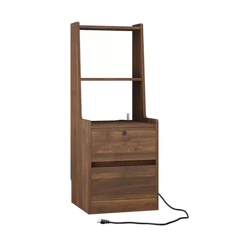 Modern Nightstand with Charging Station LED/Night Light Door Cabinet Lockable (Wood)