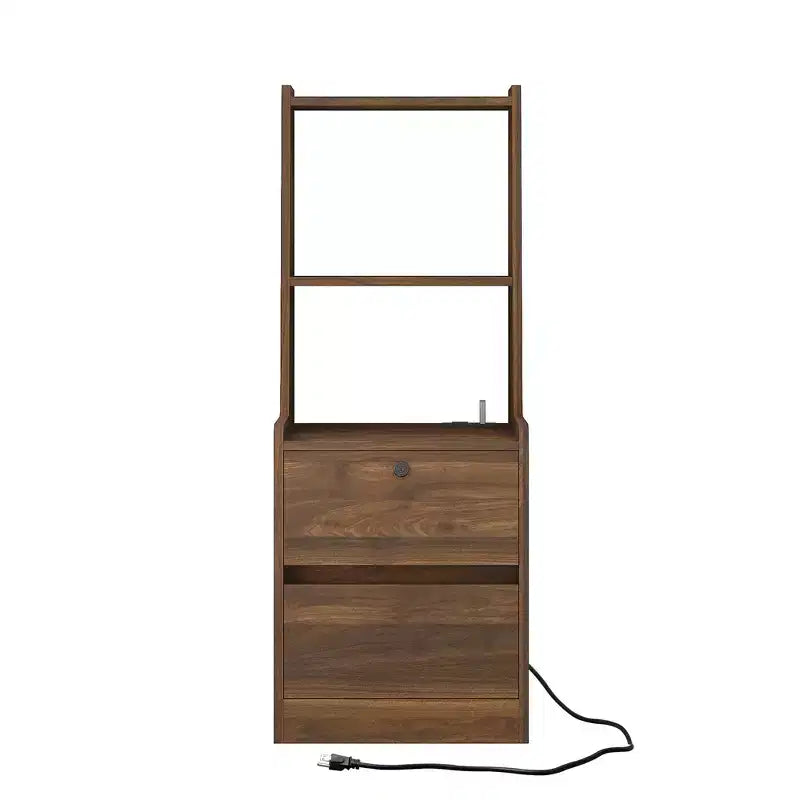 Modern Nightstand with Charging Station LED/Night Light Door Cabinet Lockable (Wood)