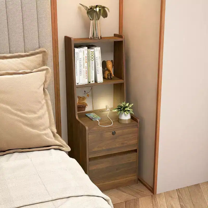 Modern Nightstand with Charging Station LED/Night Light Door Cabinet Lockable (Wood)