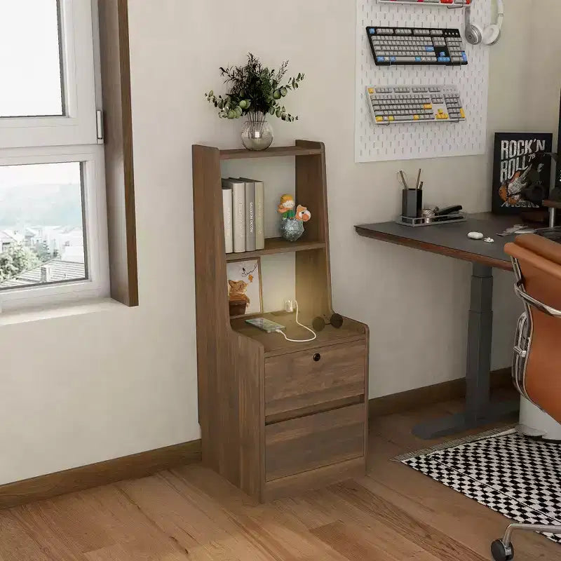 Modern Nightstand with Charging Station LED/Night Light Door Cabinet Lockable (Wood)
