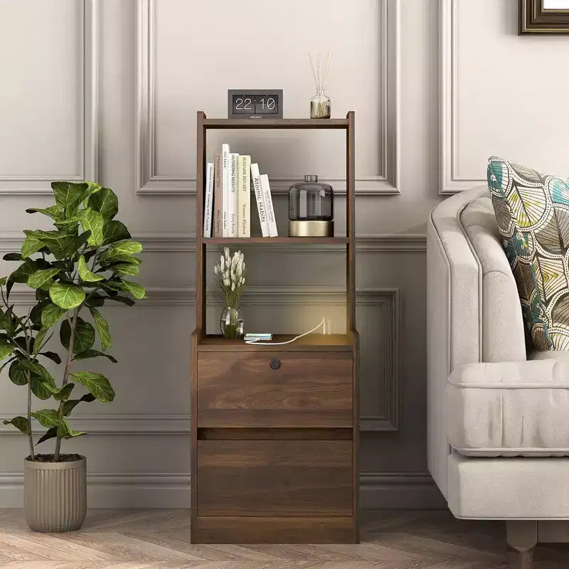 Modern Nightstand with Charging Station LED/Night Light Door Cabinet Lockable (Wood)