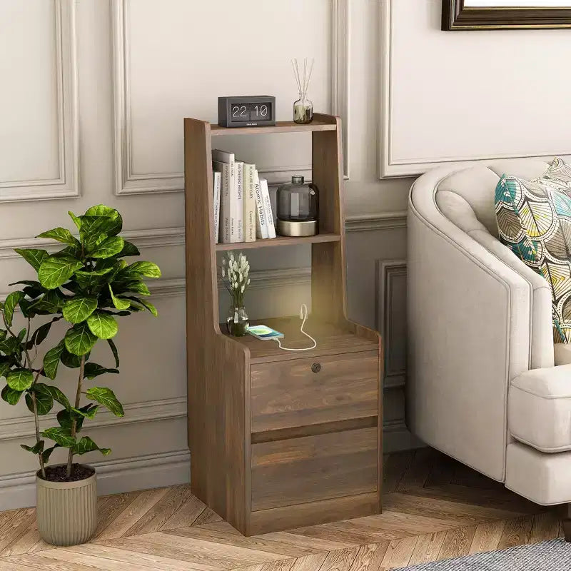 Modern Nightstand with Charging Station LED/Night Light Door Cabinet Lockable (Wood)