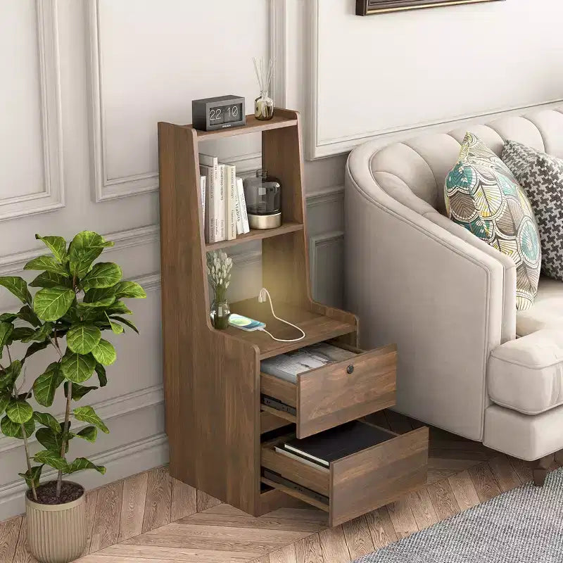Modern Nightstand with Charging Station LED/Night Light Door Cabinet Lockable (Wood)