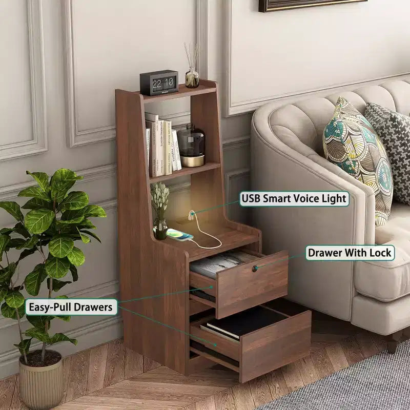 Modern Nightstand with Charging Station LED/Night Light Door Cabinet Lockable (Wood)