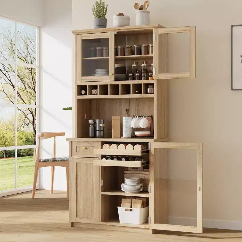 Zeus & Ruta 74.8 Farmhouse Freestanding Kitchen Pantry Cabinet with Wine Rack & Adjustable Shelves for Dining Room