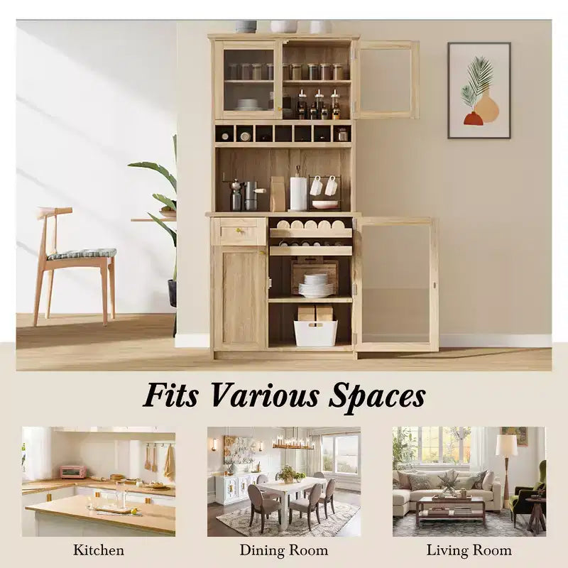 Zeus & Ruta 74.8 Farmhouse Freestanding Kitchen Pantry Cabinet with Wine Rack & Adjustable Shelves for Dining Room