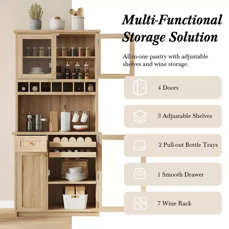 Zeus & Ruta 74.8 Farmhouse Freestanding Kitchen Pantry Cabinet with Wine Rack & Adjustable Shelves for Dining Room