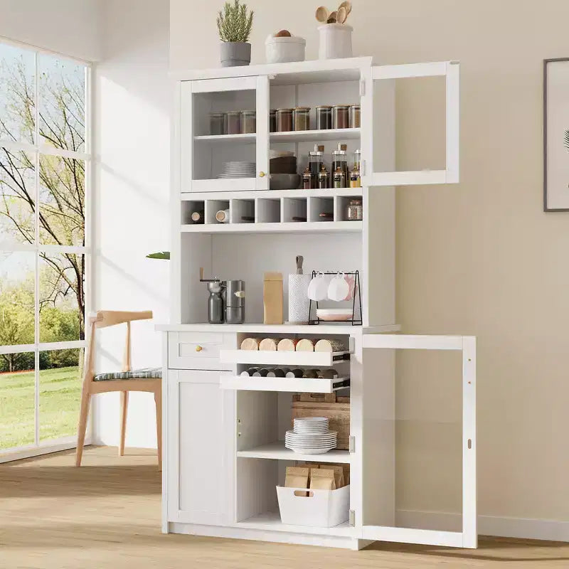 Zeus & Ruta 74.8 Farmhouse Freestanding Kitchen Pantry Cabinet with Wine Rack & Adjustable Shelves for Dining Room