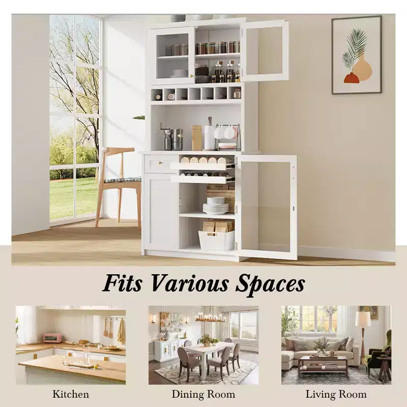 Zeus & Ruta 74.8 Farmhouse Freestanding Kitchen Pantry Cabinet with Wine Rack & Adjustable Shelves for Dining Room