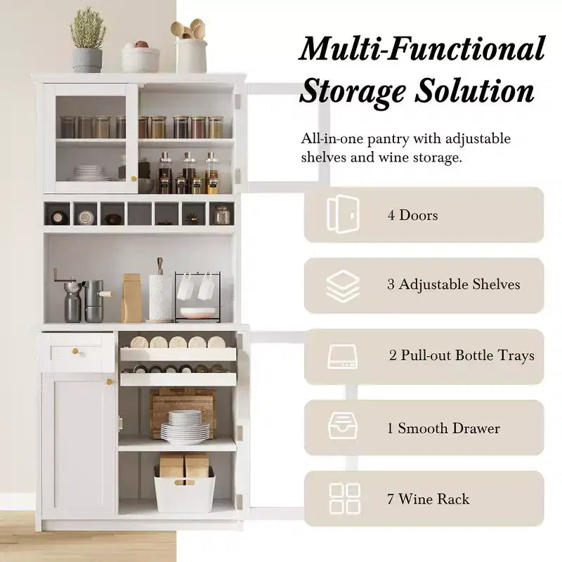 Zeus & Ruta 74.8 Farmhouse Freestanding Kitchen Pantry Cabinet with Wine Rack & Adjustable Shelves for Dining Room