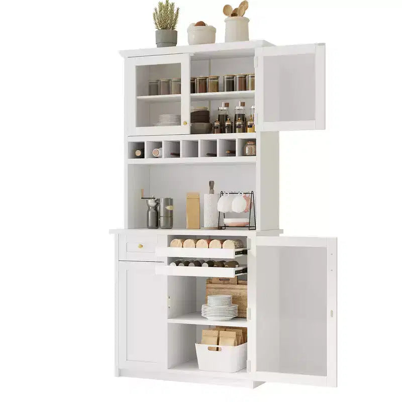 Zeus & Ruta 74.8 Farmhouse Freestanding Kitchen Pantry Cabinet with Wine Rack & Adjustable Shelves for Dining Room