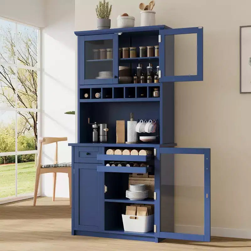 Zeus & Ruta 74.8 Farmhouse Freestanding Kitchen Pantry Cabinet with Wine Rack & Adjustable Shelves for Dining Room