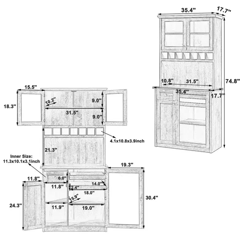 Zeus & Ruta 74.8 Farmhouse Freestanding Kitchen Pantry Cabinet with Wine Rack & Adjustable Shelves for Dining Room