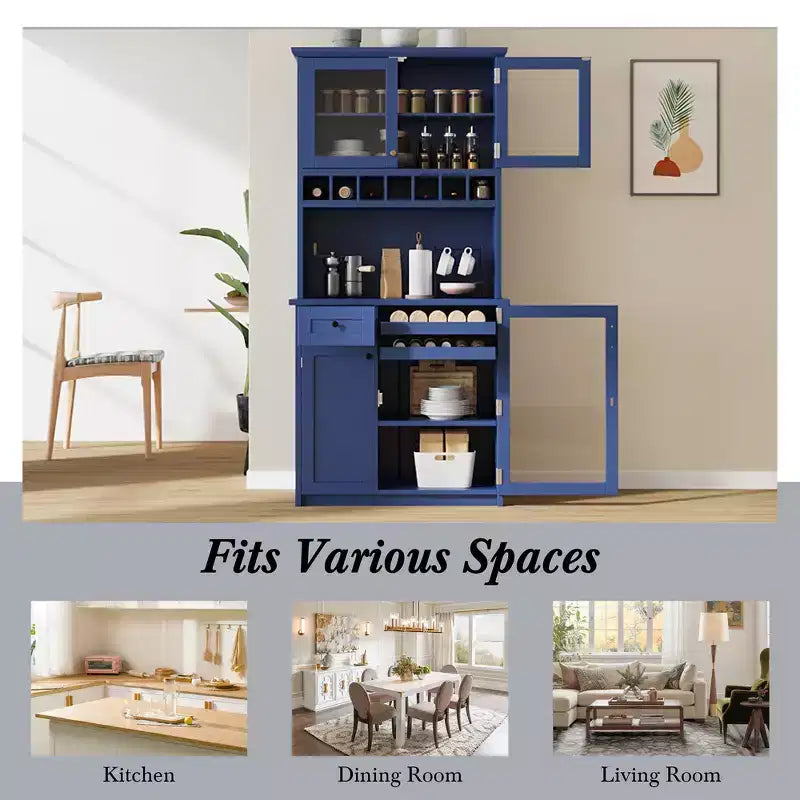 Zeus & Ruta 74.8 Farmhouse Freestanding Kitchen Pantry Cabinet with Wine Rack & Adjustable Shelves for Dining Room