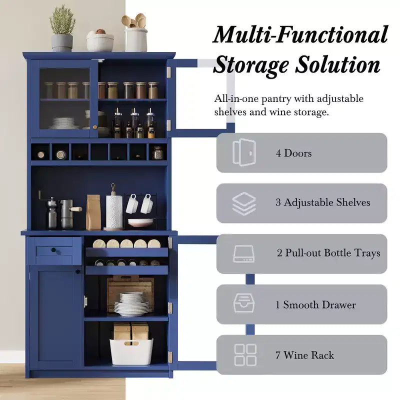 Zeus & Ruta 74.8 Farmhouse Freestanding Kitchen Pantry Cabinet with Wine Rack & Adjustable Shelves for Dining Room
