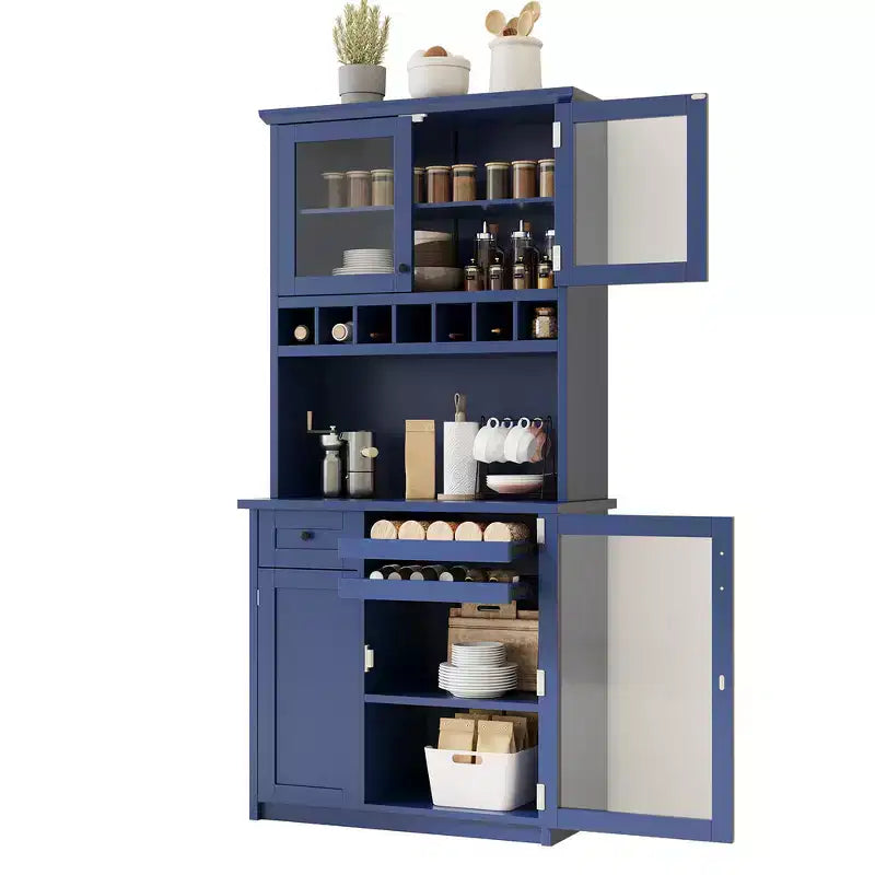 Zeus & Ruta 74.8 Farmhouse Freestanding Kitchen Pantry Cabinet with Wine Rack & Adjustable Shelves for Dining Room